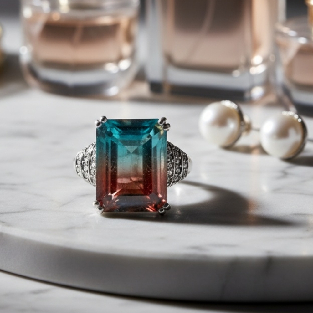 Aqua Terra Costa Quartz & Zircon Platinum Over Sterling Silver Ring